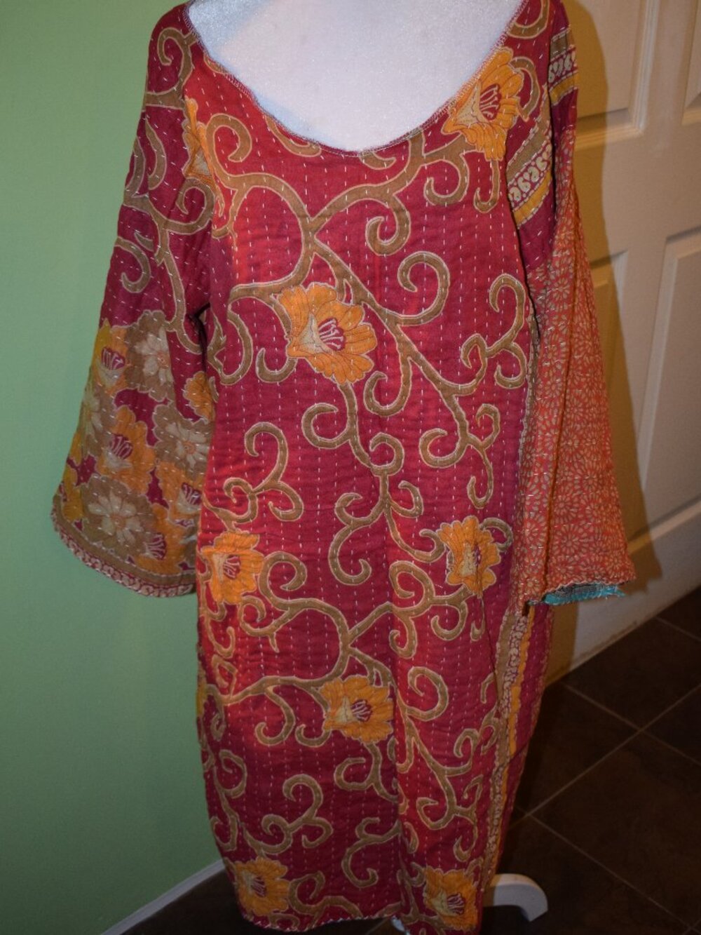 Handmade KANTHA Lounge Tunic Style Dress Free Size Boho Red Yellow Floral, Blue